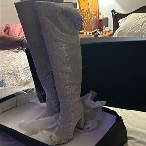 INC International Concepts Silver Glitter Over-the-Knee Block Heel Boots